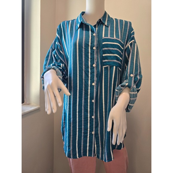 Eden & Olivia Tops - Eden‎ & Olivia Top Women's Turquoise White Stripped Button Down Roll Tab Sleeve